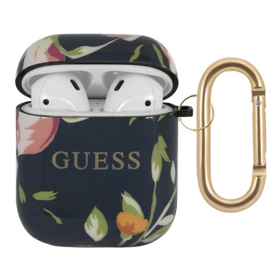 Чехол Guess с карабином для AirPods 1/2 CG Mobile TPU case with ring Marble design (GUACA2TPUBKFL03) С рисунком цветов, синий