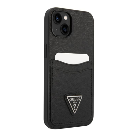 Чехол Guess для iPhone 14 Plus PU Saffiano Double cardslot Metal triangle logo Hard (GUHCP14MPSATPK) Чёрный