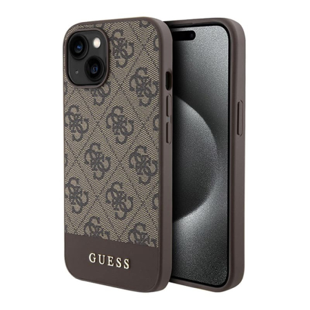 Чехол Guess для iPhone 15 PU 4G Bottom stripe Metal logo Hard (GUHCP15SG4GLBR) Коричневый