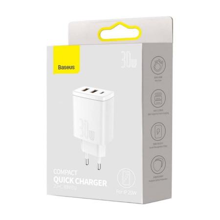 Зарядное устройство Baseus Compact Quick Charger 2 USB-A + USB Type-C 30Вт EU (CCXJ-E02) Белый