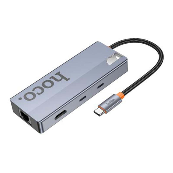 Хаб hoco. 8в1 (HDTV+RJ45+SD/TF+PD+Type-C3.0+USB3.0*2) (HB52) Тёмно-серый
